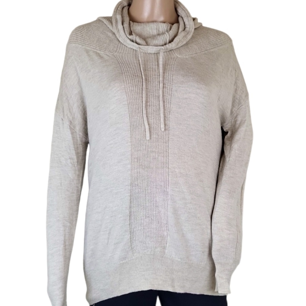 Dakini Wool Drawstring Cowl Neck Pullover Sweater small cream oatmeal tan